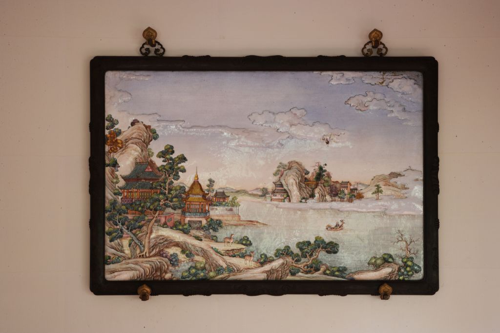 图片[2]-Hammer tire painting, enamel landscape, pavilions, hanging screen-China Archive